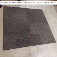 A15 - Carpet tiles size 600mm x 600mm @ R10 per tile, 4 x tiles is 1.2 x 1.2m2 @ R40.00